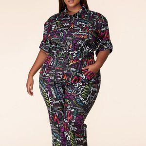 Funky Groove Graffiti Cuffed Sleeve Curvy Fit Graphic Utility Jumpsuit Purple L